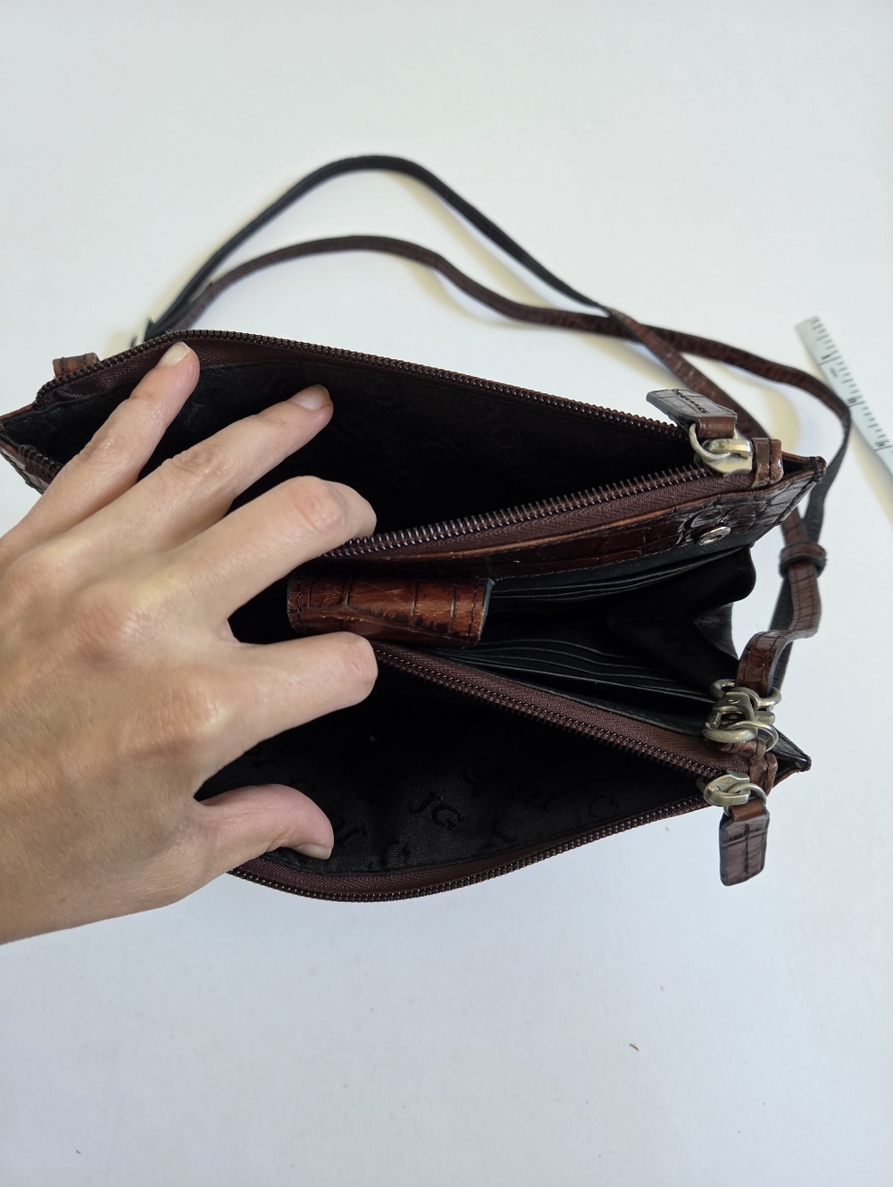 VTG Jack Georges black leather brown croc embossed crossbody purse wallet - Picture 7 of 10